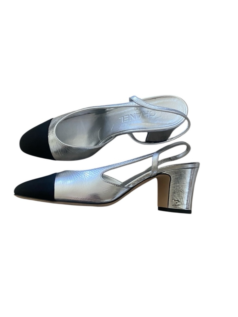 CHANEL Rare Silver Slingback Heels Cap Toe 39 Iconic Pumps Worn 3x - Picture 12 of 16